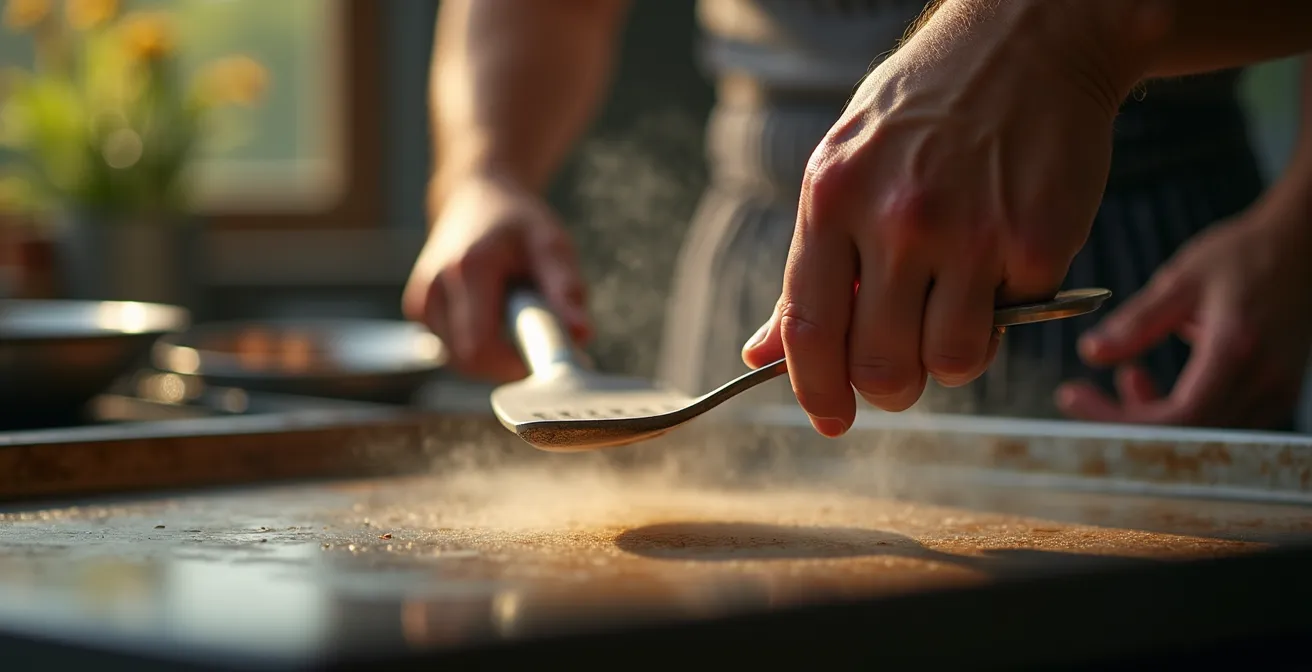 Main d'un cuisinier utilisant une spatule sur une plancha inox propre avec lumière naturelle