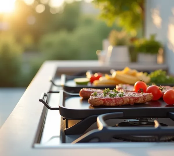 Plancha à gaz moderne posée sur un balcon contemporain, avec réflexion cinématographique et textures naturelles