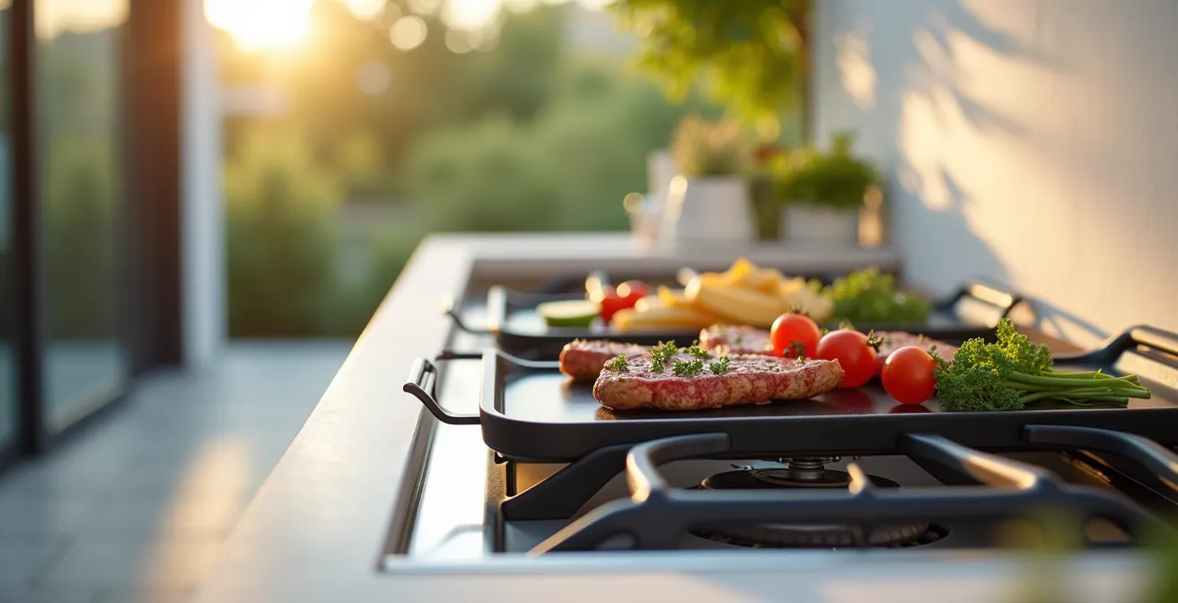 Plancha à gaz moderne posée sur un balcon contemporain, avec réflexion cinématographique et textures naturelles