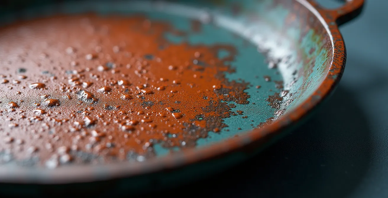 Détail macro d'une surface de plancha épaisse en fonte émaillée montrant la texture et l'émaillage