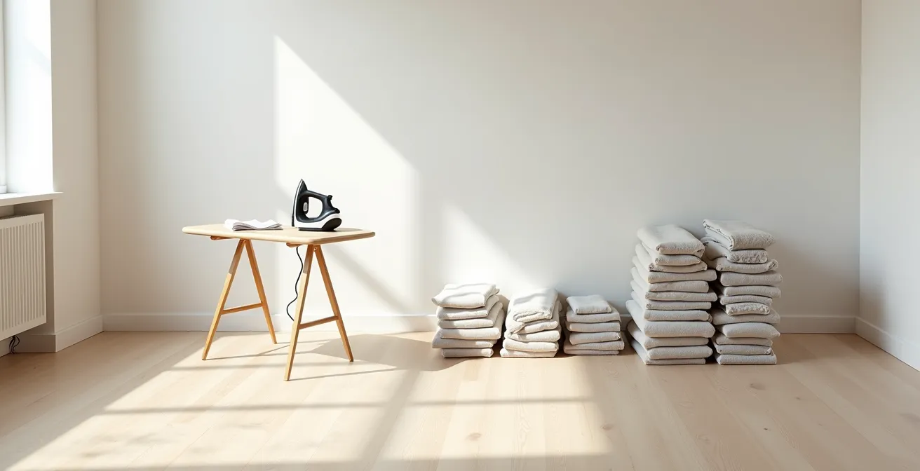 Vue aérienne d'un espace de repassage parfaitement organisé