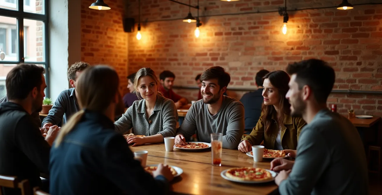 Vue d'ensemble d'une pizzeria animée avec familles attablées dans une ambiance chaleureuse
