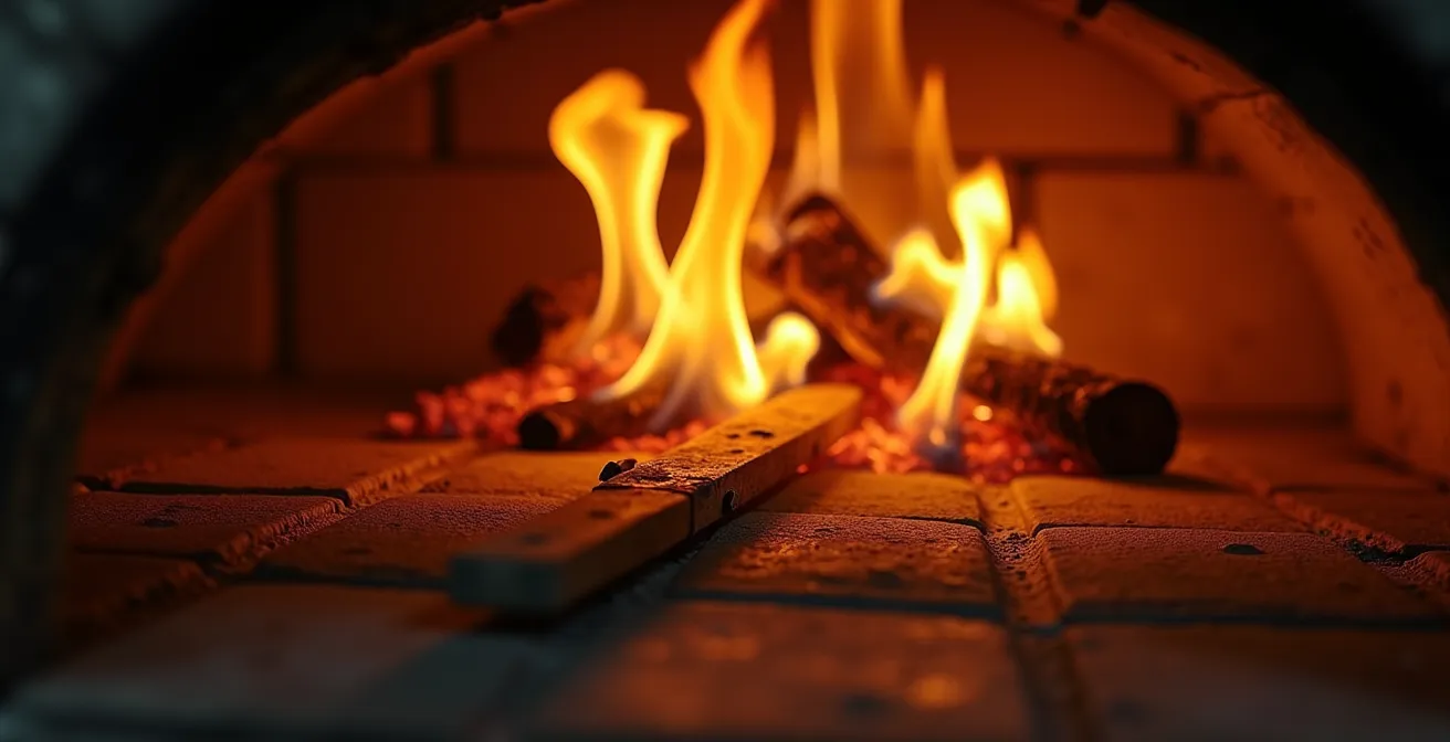 Gros plan sur les flammes d'un four à pizza traditionnel en brique