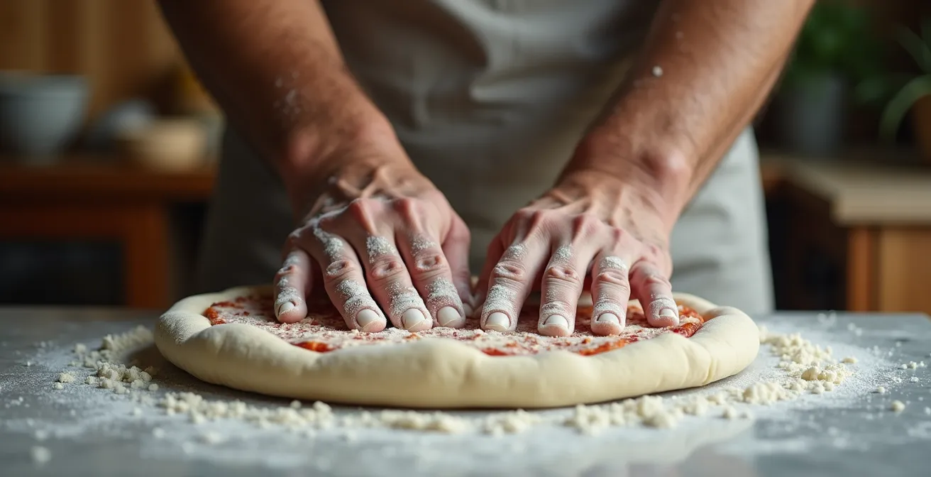 Mains d'un pizzaiolo pétrissant la pâte avec technique traditionnelle