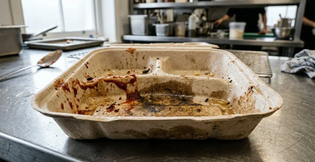 Barquette compostable avec traces de dégradation et taches de gras visibles