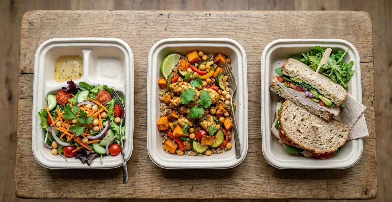 Trois types de barquettes compostables côte à côte : bagasse, PLA et carton