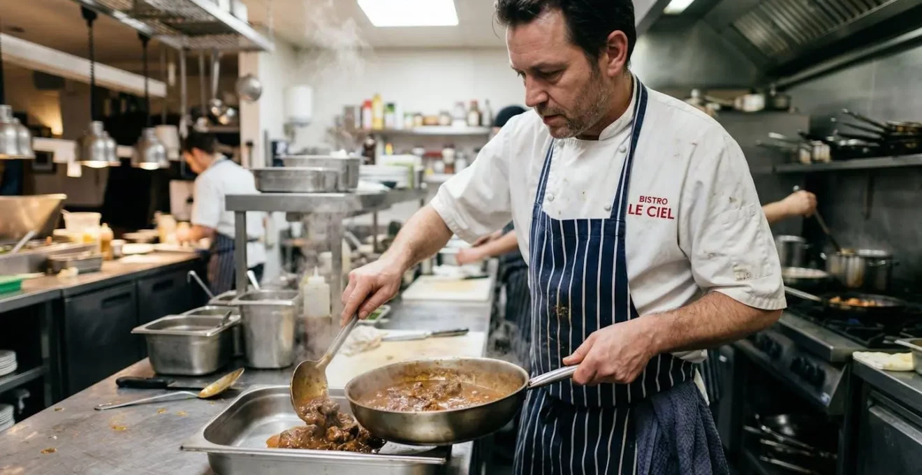 Cuisinier professionnel remplissant une barquette compostable avec un plat en sauce fumant