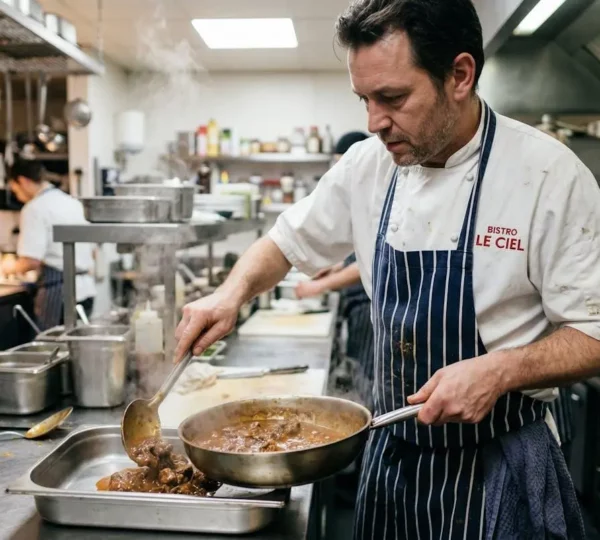 Cuisinier professionnel remplissant une barquette compostable avec un plat en sauce fumant