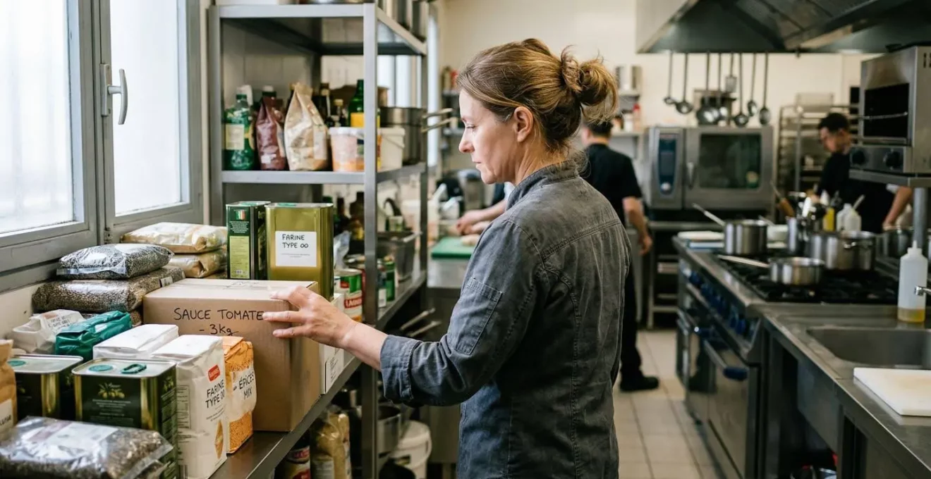 Restaurateur organisant ses emballages compostables par type sur étagères de cuisine