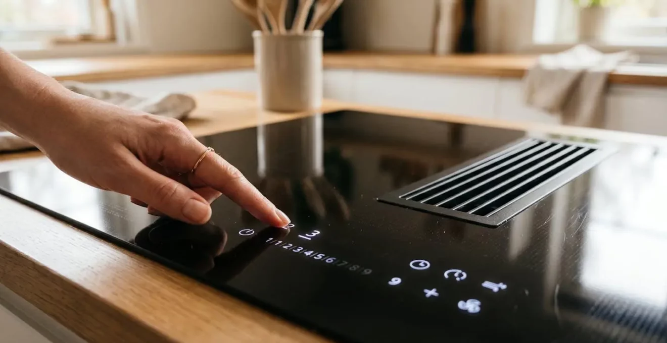Gros plan sur les commandes sensitives d'une plaque a induction avec hotte integree
