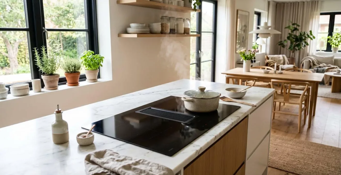 Cuisine ouverte moderne avec plaque a induction et hotte integree au plan de travail