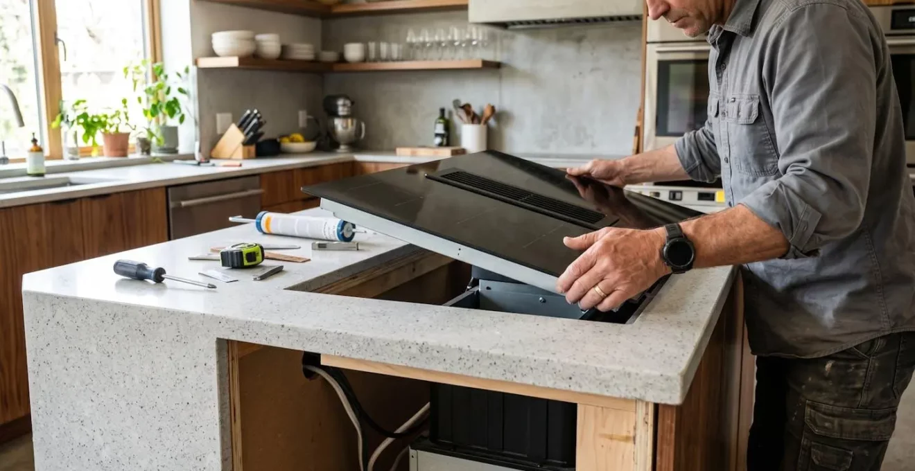 Installation d'une plaque a induction avec hotte integree dans un ilot de cuisine contemporain